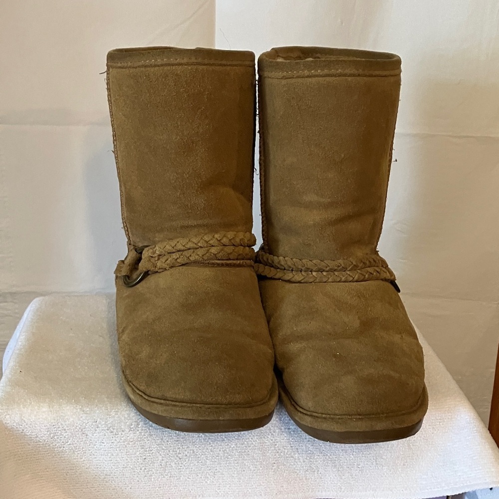 Bearpaw Women’s Sz 8 Adele Braided Hickory Suede Boots Faux Fur Pull on